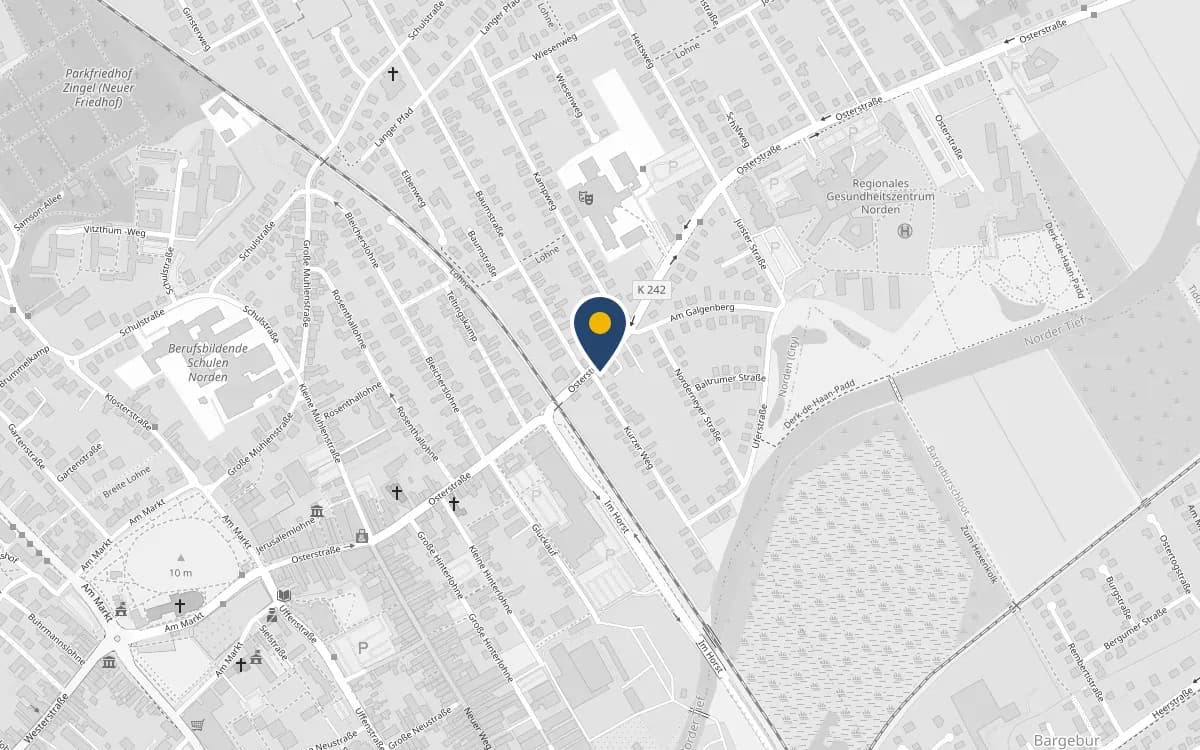 Stadtplan mit dem Standort in der Osterstraße 130, Norden. Öffnet die Routenplanung in Google Maps.